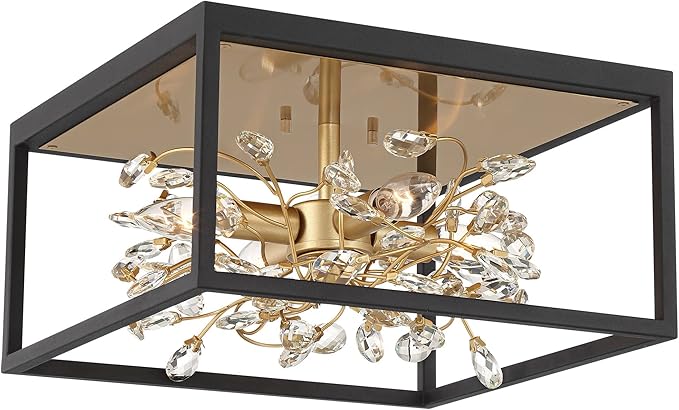 Possini Euro Design Carrine Modern Ceiling Light Flush-Mount Fixture 14 1/4" Wide Black Metal Gold Branches 4-Light Clear Crystal Buds for Bedroom Kitchen Living Room Hallway Bathroom House Home