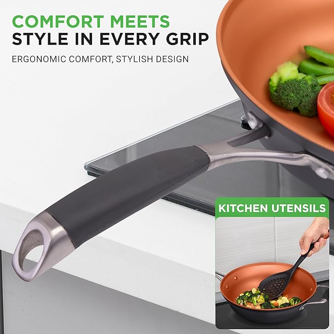 NutriChef 14-Piece Non-Stick Pots and Pans Set - Induction Ready Multi-Sized Cooking Pots with Lids, Small and Medium Frying Pans with Slotted Spatula, Pasta Server, Soup Ladle, Silicone Handles