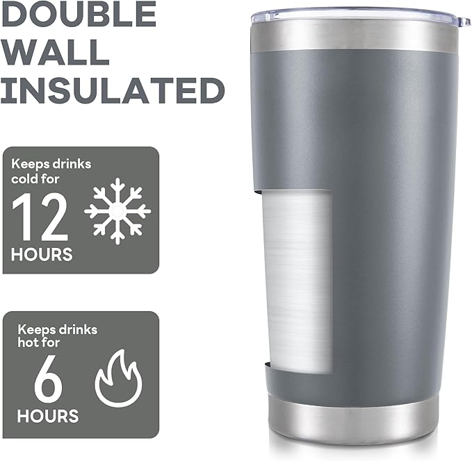20 oz Tumbler with Lid Stainless Steel Insulated Tumblers Bulk Double Wall Vacuum Cups Powder Coated Travel Mug Keep Drinks Cold and Hot, Grey, 4 Pack
