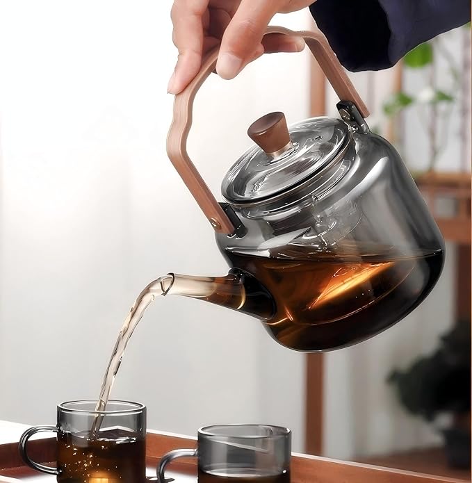 Tea Pot with Infuser for Loose Leaf Tea, Glass Teapot Stovetop, Heat Resistant Borosilicate Tea Kettle, Clear, 34oz/1000ml Capacity, Tea Strainer