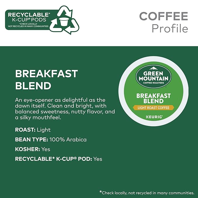 Green Mountain Coffee Roasters Breakfast Blend, Single-Serve Keurig K-Cup Pods, Light Roast Coffee, 24 Count