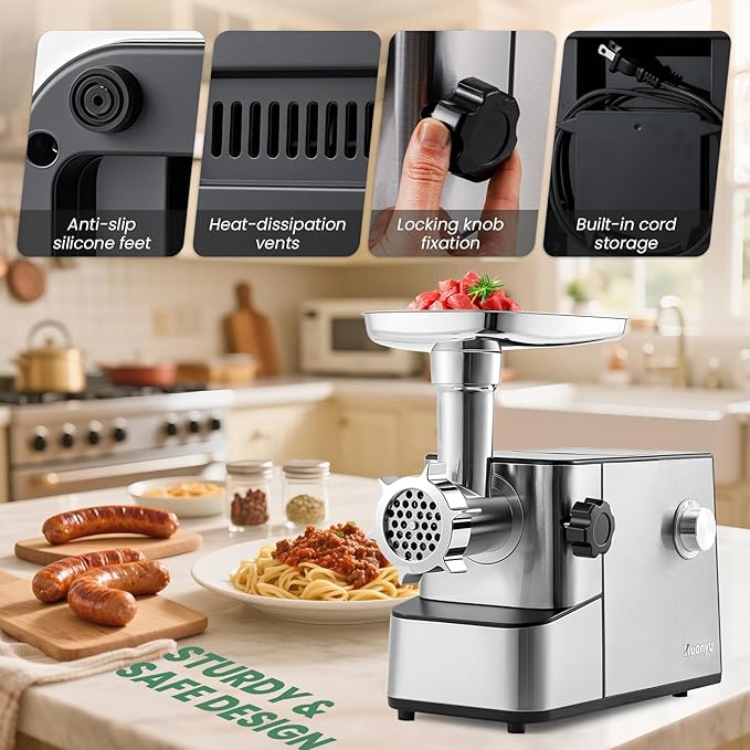 Huanyu Meat Grinder Electric 3200W Max Power, Built-in Storage, Heavy Duty, 2 Blades, 3 Plates, Sausage Tubes and Kubbe Kit #10 Outlet for Home Use