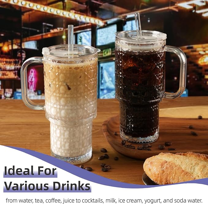 20 oz Glass Tumbler With Lid and Straw Set, 4 Pcs Large Ribbed Glass Tumbler, Reusable Iced Coffee Cups for Water, Tea, Coffee, Juice, Yogurt, And Soda Water