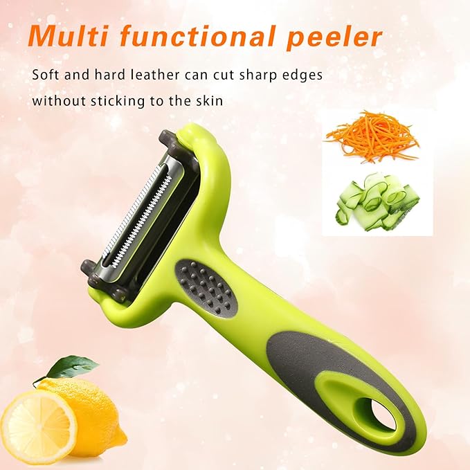3-in-1 Rotary Vegetable Peeler with 3 Blades - Multi-Function Stainless Steel Peeler & Julienne Slicer - Ergonomic Non-Slip Grip Handle for Potato, Carrot, Fruit, Tomato, Kitchen Gadgets (Thin Green)