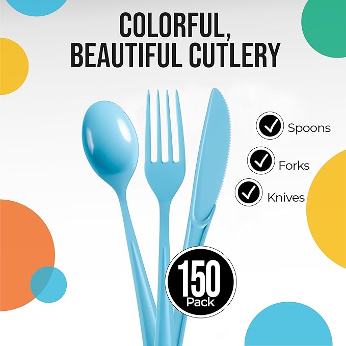 Party Solids Light Blue Plastic Silverware Heavy Duty 150 Pieces Light Blue Disposable Silverware Heavy Duty, Utensil Sets, 50 Of Each Forks, Knives & Spoons Disposable Cutlery Set For Party Supplies