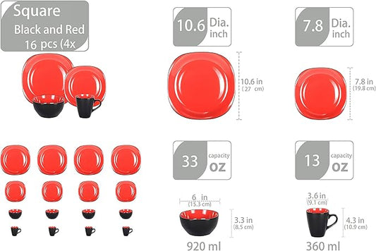 Stoneware Square 16pc Dinnerware Set, Inside Shiny Red + Outside Matte Black