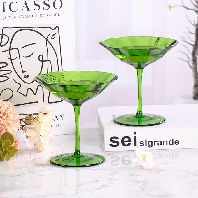 KAMMAK Martini Glasses Set of 2, 6.09 oz Clear Crystal Cocktail Glasses with Stem, Reusable Cocktail Glassware for Wedding Birthday Party, Bar, Margarita, Whiskey, Gin, Tequila, Green Cocktail