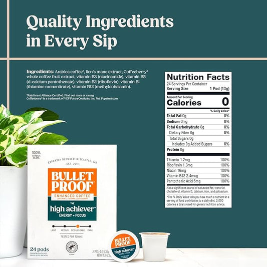 Bulletproof The High Achiever Single-Serve Pods, 24 Count, Medium-Dark Roast Enhanced Coffee with Lion's Mane Mushroom, B Vitamins, and Adaptogens for Energy and Focus