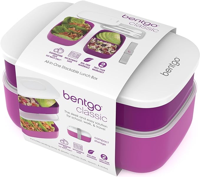 Bentgo Classic - Adult Bento Box, Stackable 3-Compartment Lunch Box with Removable Utensil Set and Sealing Strap, BPA-Free, Food Container Ideal for Meal Prep, Work, and On the Go (Purple)