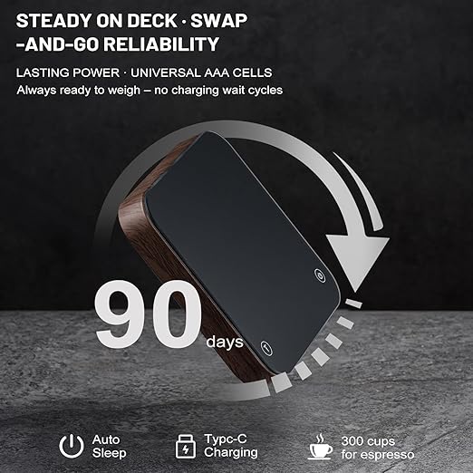 KitchenTour CaféMetric Coffee Scale with Timer 0.1g/2000g - Precision Scale for Espresso & Pour Over - Water Flow Speed Mode and Coffee Powder-to-Liquid Ratio Mode - Rechargeable, LED Display-Wood