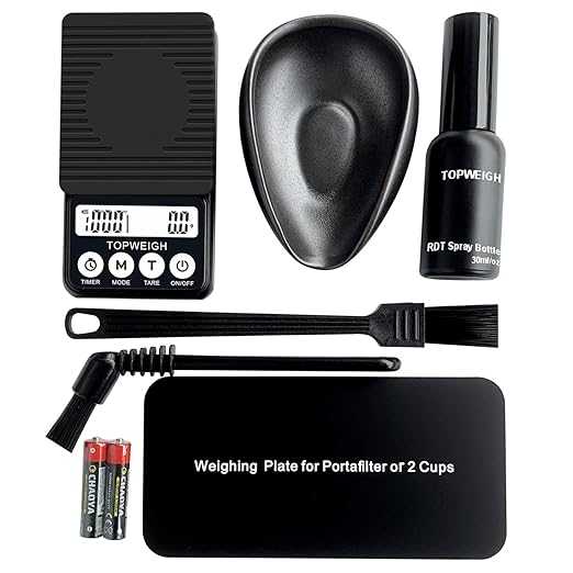Waterproof Espresso Scale with Timer, 1000g x 0.1g, Portafilter Weighing Plate, Coffee Bean Dosing Cup, Spray Bottle, RDT Tool Set, Barista Cleaning Brushes & Batteries Included