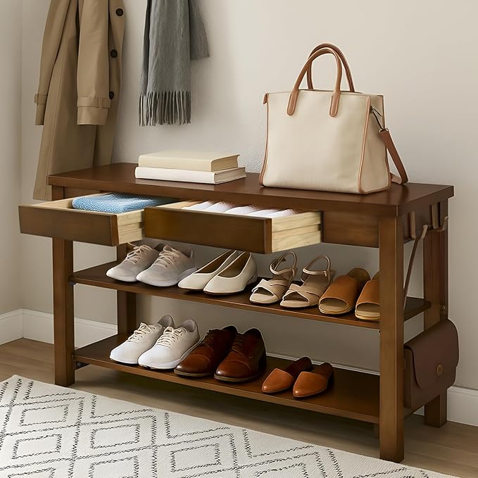 Shoe Storage Bench Wood Entryway: Shoe Rack Bench with Drawer 3-Tiers Height Adjustable,Rustic Wooden Organizer for Front Door Entrance Hallway Living Room,Mudrooms (Walnut 2-Tiers, 39.3")