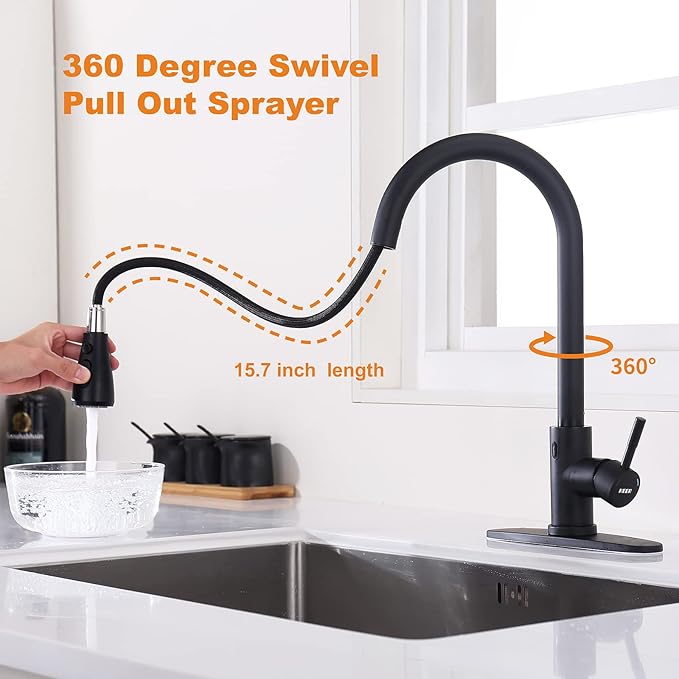 Keer Touchless Kitchen Faucet with Pull Down Sprayer, Motion Sensor Kitchen Faucet with Kitchen Soap Dispenser, Single Kitchen Faucet High Arc Pull Out Faucet for RV Kitchen,Matte Black