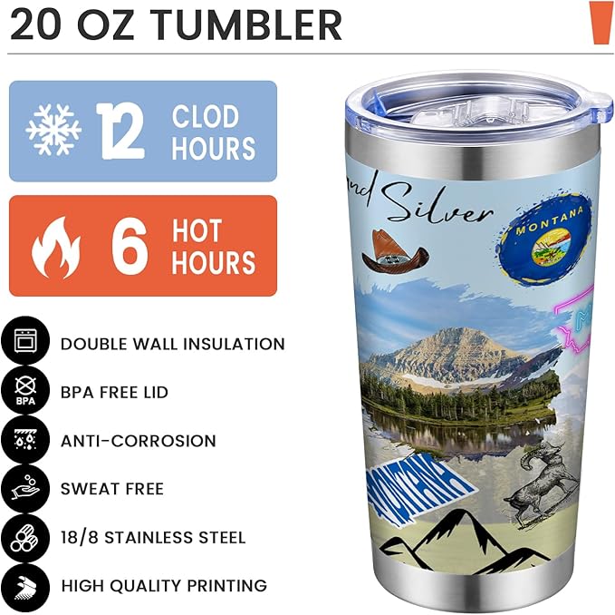 20oz Insulated Tumbler Montana State Coffee Mug, United States Map Travel Mug Landmark, Birthday Gifts Cute Custom Tumbler Cups with Lid and Straw Gifts for Mom