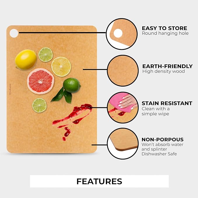 Freshware Wood Cutting Board for Kitchen, Dishwasher Safe, Large, 15" x 11.25", Natural