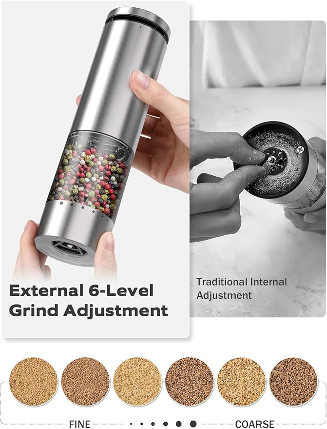 Electric Salt and Pepper Grinder Set with Charging Base: Rechargeable Automatic Salt and Pepper Grinder Set with External Adjustable Coarseness, Stainless Steel Electric Salt and Pepper Shakers,Sliver