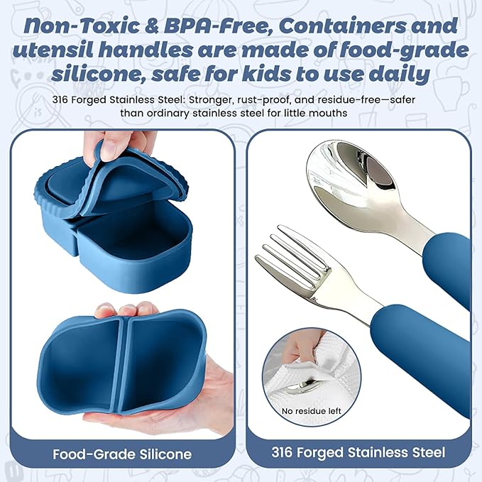 Silicone Snack Containers for Kids (8.5Oz, 2-Compartment)+ Kids Silicone Cutlery Set (Spoon and Fork) - BPA Free, Leak Proof, Great for Toddler/Kid/Adult Meal Prep Containers (blue)