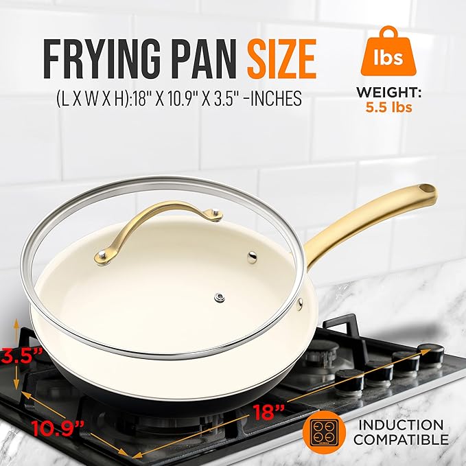 NutriChef Medium Nonstick Ceramic Frying Pan with Lid - Non Toxic 10 Inch Skillet with lid - Induction Compatible pan with Heat Resistance Handle - Easy to Clean and Stain-Resistant