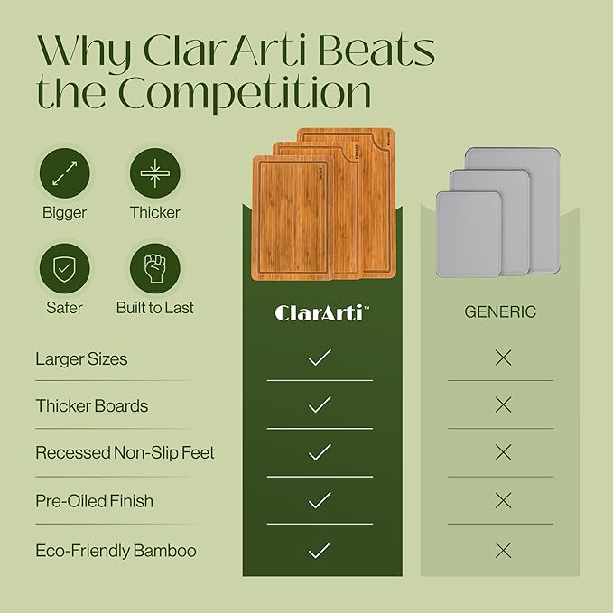 Organic Bamboo Cutting Boards for Kitchen – Set of 3 Non-Toxic Wood Cutting Board with Non-Slip Design – Durable Anti-Slip Bamboo Boards for Chopping & Serving