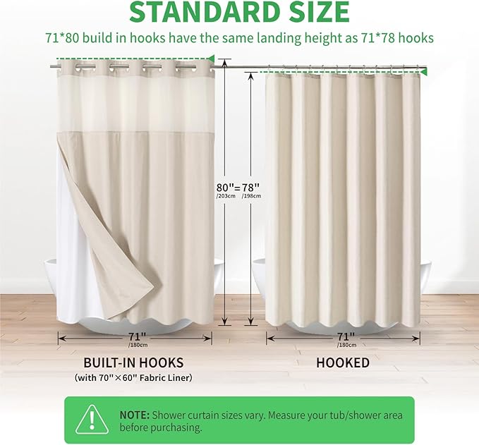 Long No Hooks Needed Linen Textured Shower Curtain with Snap-in Fabric Liner Set,Cream Hotel Luxury Decor Shower Curtains for Bathroom,Waterproof & Washable,71Wx80H