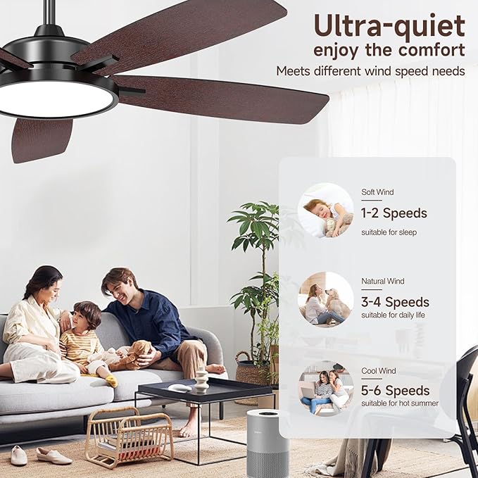 Roomratv Ceiling Fans with Lights,52 Inch,Remote Control,Dimmable,Quiet Reversible DC Motor,Black Ceiling Fan for Living Room,Bedroom,Kitchens,Outdoor Patio,Farmhouse