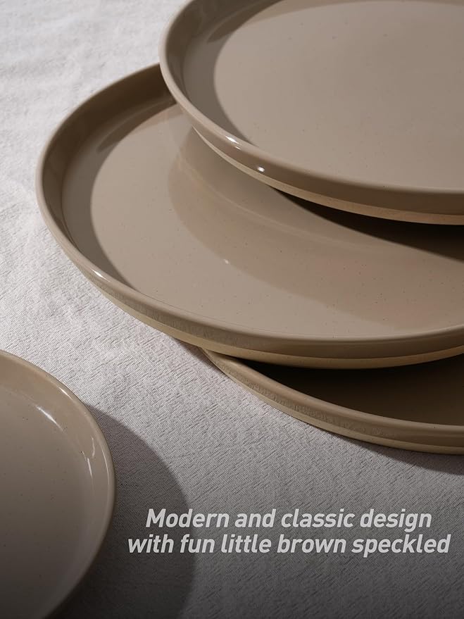 Famiware Saturn Dinnerware Set with Pasta Bowl, 16 Pieces Dish Set, Plates and Double Bowls Sets for 4, Chip and Scratch Resistant, Microwave and Dishwasher Safe Tableware, Cinnamon Brown