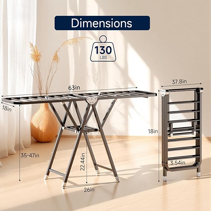 MIKEE Clothes Drying Rack,Stainless Steel Foldable Laundry Drying Rack for Indoor & Outdoor Use，with Height-Adjustable Wings，2-Tier Clothes Rack with Windproof Hanging Holes and Wheels，132 lbs