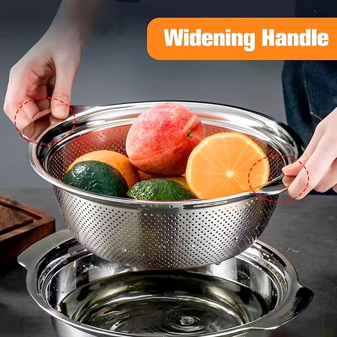 Stainless Steel Microporous Colander for Kitchen, 4.5QT Large Capacity, Colander and Bowl Set of Two, Stainless Steel Drain Basket with Mixing Bowl, for Washing Fruits and Vegetables
