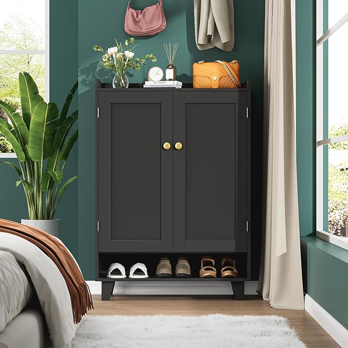 Flat-Shelf Shoe Cabinet with Doors，6-Tier Shoes Storage Cabinet with Adjustable Shelves，Wooden Shoe Rack Shoes Storage Organizer Cabinets for Entryway, Hallway, Living Room（Black）