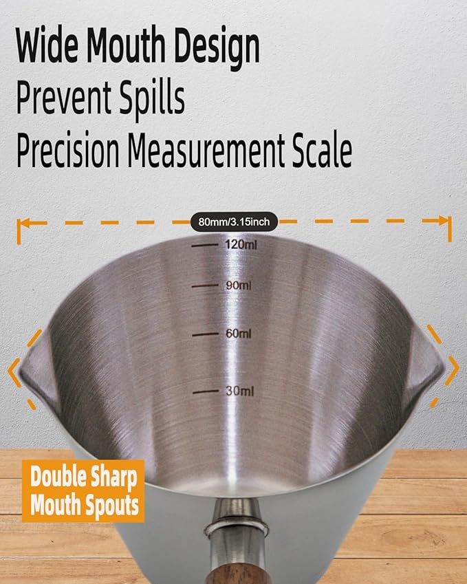 Espresso Cups - 4OZ Espresso Shot Cup with Wooden Handle -Measuring Cup with Double Spouts - Coffee Bar Accessories, Bright Silver