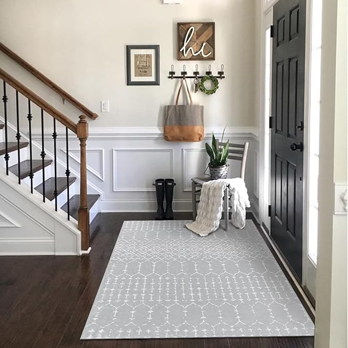 Lahome Moroccan Washable Living Room Area Rug - 3x5 Small Rugs for Bedroom Throw Non-Slip Low-Pile Entryway Rug Kitchen Rugs Soft Grey Distressed Capet for Office Bathroom Laundry Room Dining Room