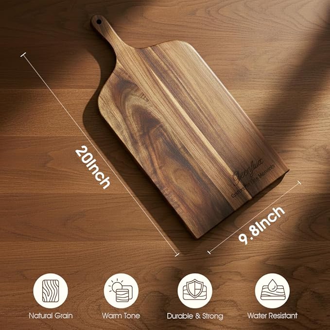 Acacia Wood Charcuterie & Cutting Board with Handle, High-Quality Multi-Purpose Cheese Serving Board with Clear Grain and Warm Natural Color - Ideal for Steak, Appetizers, Snacks & Kitchen Gift Giving