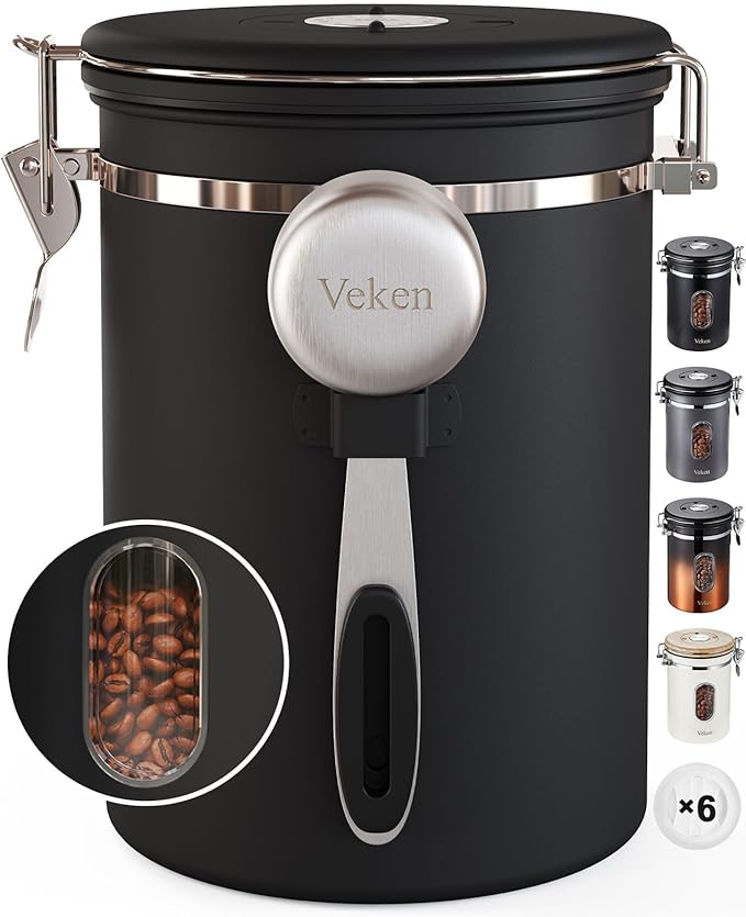 Veken Coffee Canister set with Window, Airtight Stainless Steel Kitchen Food Storage Container with Date Tracker and Scoop for Grounds Coffee, Beans, Tea, Flour, Cereal, Sugar, 22&16OZ,Black