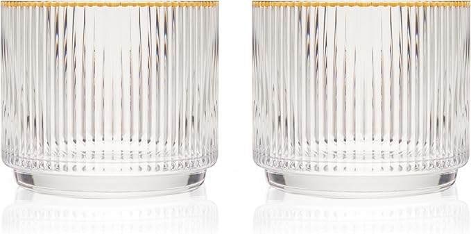 Viski Meridian Crystal Lowball Tumblers, Art Deco Whiskey Glasses, Crystal Scotch Glasses, Old Fashioned Glasses, Ribbed Glassware 12oz Set of 2