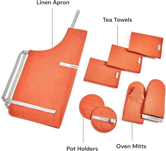 Caraway Linen Set - Apron, Pot Holders, Oven Mitts, & Tea Towels - 100% Organic Cotton - Durable, Machine Washable