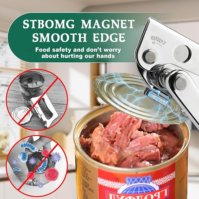 Manual Can Opener with Magnetic Lid Lifter – Heavy-Duty Handheld Can Opener for Large Cans with Ergonomic Handle, Bottle Opener Hook, Smooth Edge Cutting