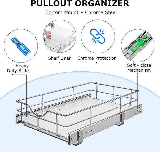 WelFurGeer Soft Close Slide Out Cabinet Shelf, 20" W x 22" D Pull Out Drawers for Kitchen Cabinets, Kitchen Shelf Organizer, Cupboard Organizers and Storage, Under Cabinet Pull Out Shelves