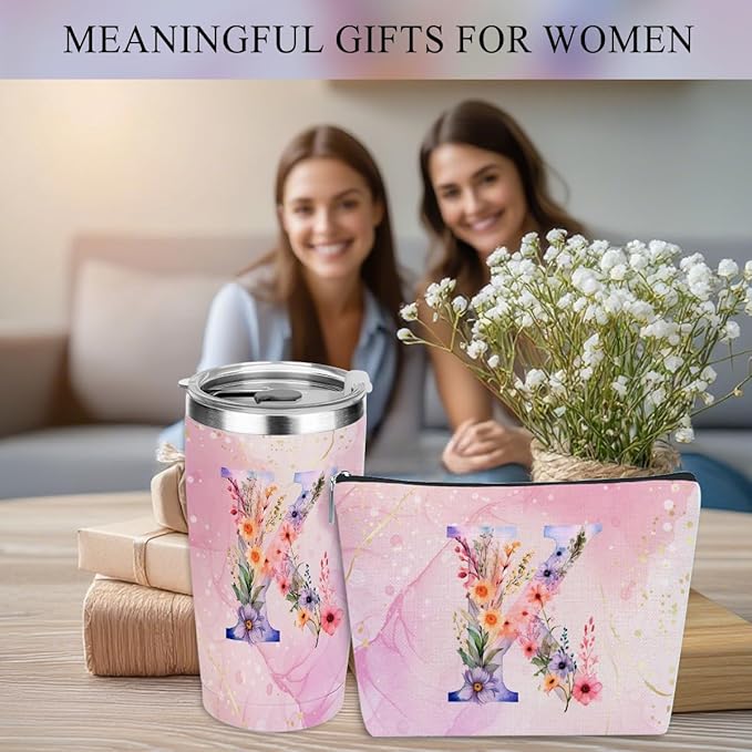 Personalized Gifts Monogrammed Birthday Gifts for Women, Soul Sister Bachelorette Party Wedding Christmas Initial 20 oz Tumbler, Makeup Bag Cup Pens Journal Notebook 6 Set, (Aesthetic Pink Flower K)