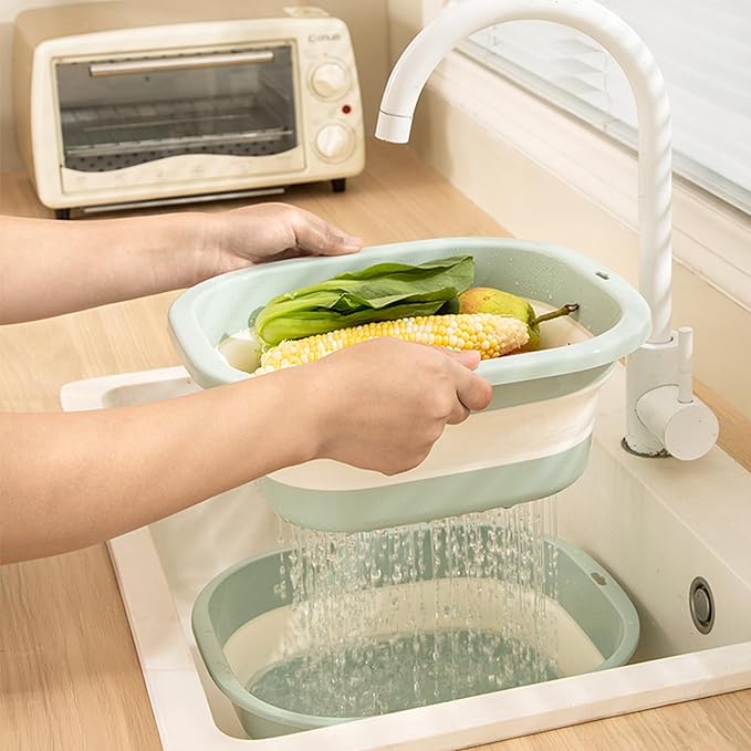 Collapsible Dish Basin with Colander, Foldable 2-in-1 Dish Pan and Strainer Set with Drain Holes, Portable Wash Basin for Kitchen Sink, Camping, Travel & RV (Grey)
