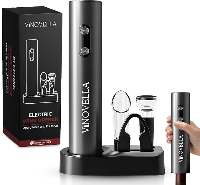 VINOVELLA 4 in 1 Electric Wine Opener Set, Automatic Corkscrew with Foil Cutter, Vacuum Wine Stopper, Wine Pourer, and Storage Base, Best Gift For Wine Lovers
