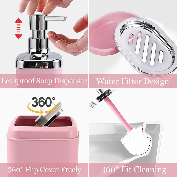 Pink Bathroom Accessories, 24 Pieces Pink Bathroom Accessories Set with Shower Curtain, Bath Towels, Trash Can, Soap Dispenser and Soap Dish for Bathroom/Housewarming
