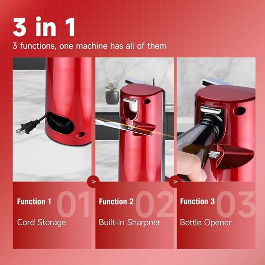Davivy Can Opener Extra-Tall Electric, Stainless Steel 3-in-1 Can Opener with Knife Sharpener & Bottle Opener, Automatic One-Touch Operation, Wide Stable Base, Cord Storage, Fiery Red