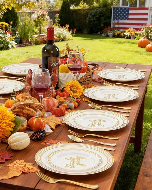 Supernal 60pcsThanksgiving Plastic Plates Disposable Heavy duty,Fancy Disposable Plates,Ivory Plastic Plates with Gold Trim Include 30 Dessert&Dinner Plato for Fall,Party and thanksgiving dinner