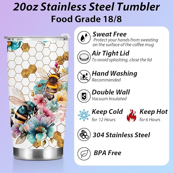 Inspirational Gifts for Women Men Bee Tumbler, Positive Bee Gifts for Coworker Boss Friends Sister Birthday Christmas, Coffee Mug Stainless Steel Vacuum Insulated Double Wall Travel Cup with Lid, 20oz