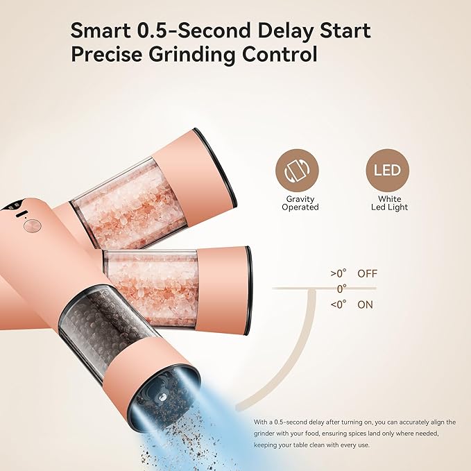 Gravity Electric Salt and Pepper Grinder Set with USB-C Charging Base,Rechargeable Automatic Stainless Steel Pepper Mill Grinder with LED Light, 2pack+Peach Orange (Peach Orange +Cream)
