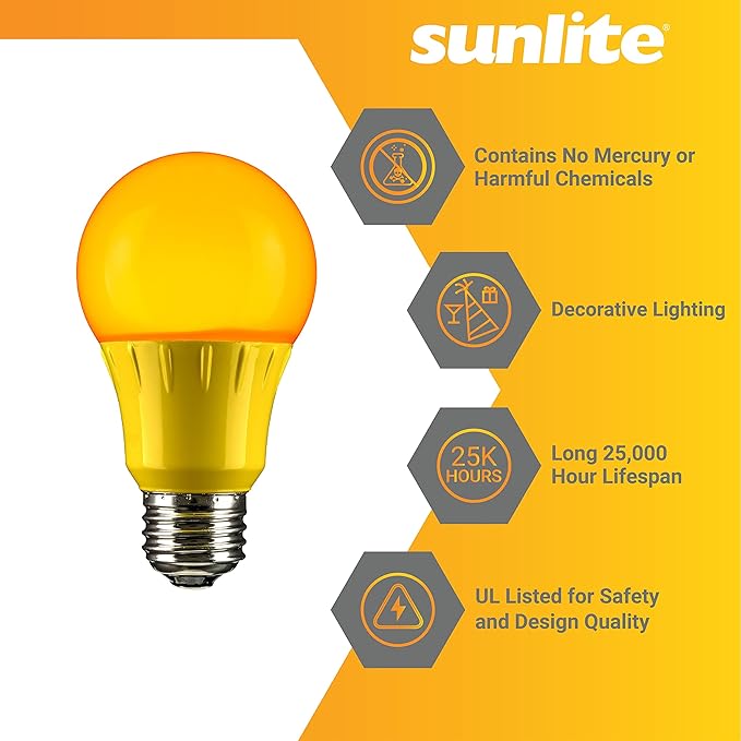 Sunlite 40472 LED A19 Colored Light Bulb, 3 Watts (25w Equivalent), E26 Medium Base, Non-Dimmable, UL Listed, Party Decoration, Holiday Lighting, 6 Count, Amber