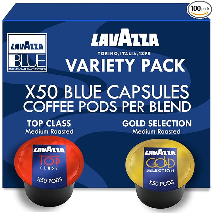 Lavazza Blue Capsules Coffee Pods Variety Pack – 100 Count (2 Packs of 50) – Top Class & Gold Selection Medium Roast Espresso – Compatible with Lavazza LB Machines Only