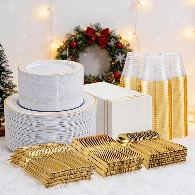 NOCCUR 700PCS Gold Plastic Plates - Gold Disposable Dinnerware Set for 100 - Include 200 Dinner/Dessert Plates, 300 Cutlery, 100 Cups, 100 Napkins, Idea for Wedding/Party/Thanksgiving