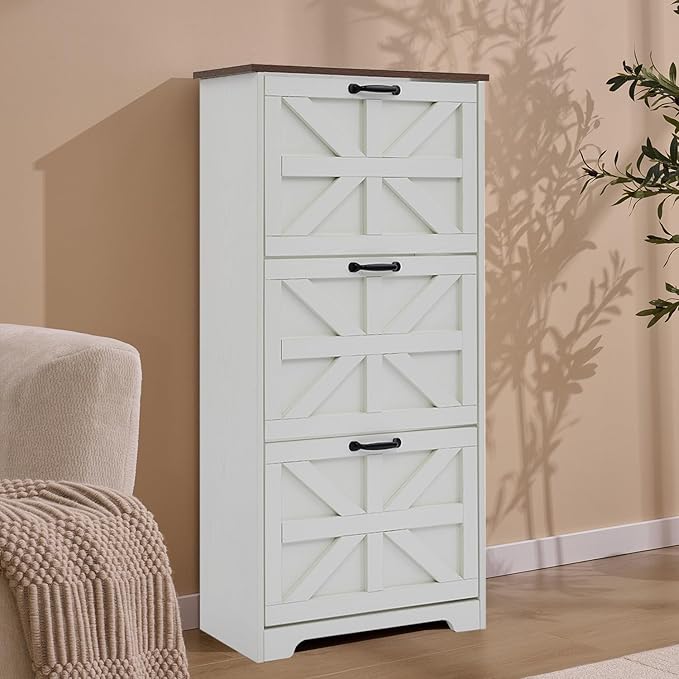 Shoe Storage Cabinet with Bench, Farmhouse Shoe Organizer with Barn Door Design, Space-Saving Hidden Narrow Shoe Rack Cabinet for Entryway, Hallway & Foyer，White