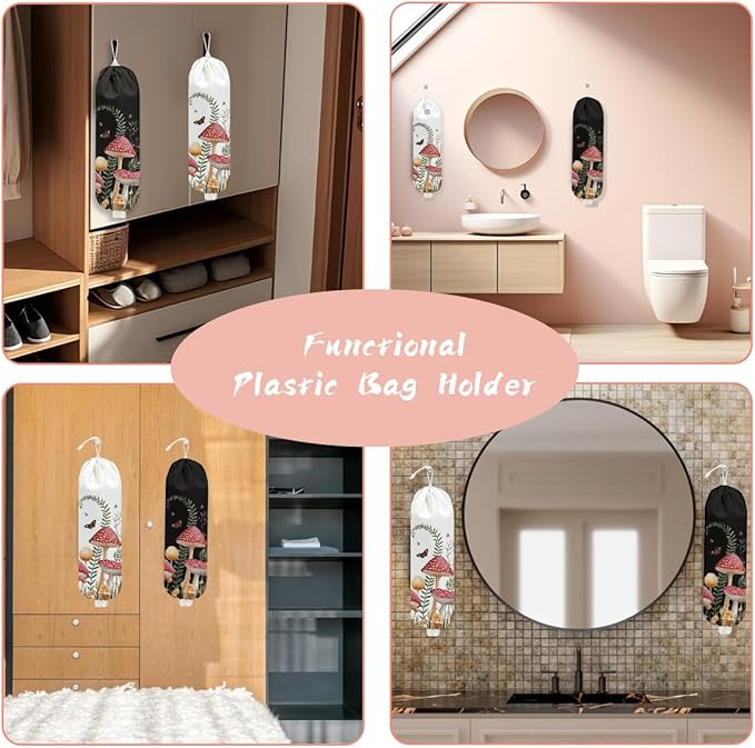 2PCS Mushroom Plastic Bag Holder, Wall Mount Grocery Bag Holder for Plastic Storage bag, Storage Organizer Reusable Grocery Bags, Pull Rope Free Adjustment, Butterfly Gifts for Women Mom Sister